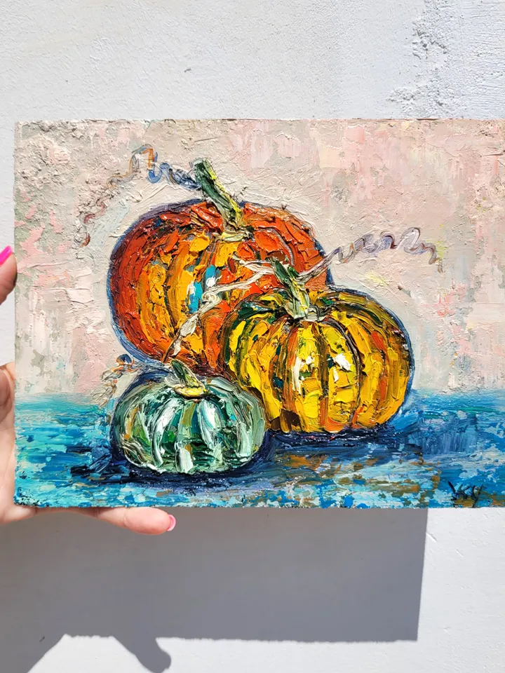 Pumpkin Painting Vegetable Painting Original Art Impasto Oil Painting 7x9 Farmhouse Art Thanksgiving Art Halloween Gift Kitchen Wall Art by ArtFromVictoria