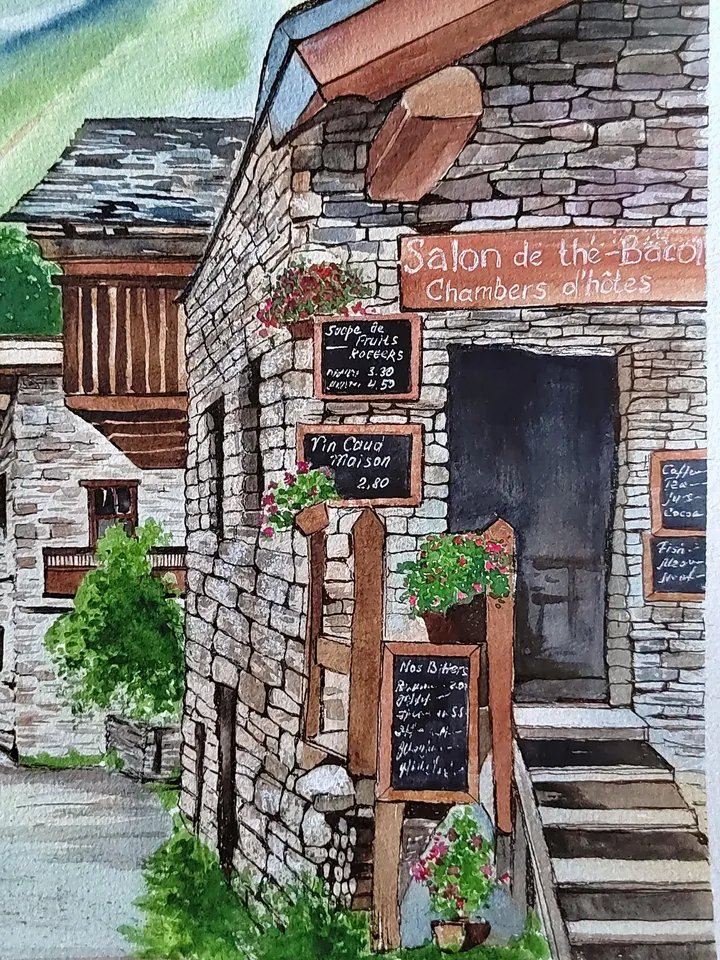 Stone Houses Artwork Medieval Village Art Alpine Village Picture 15x11 in Original Watercolor Painting by SoftWaves