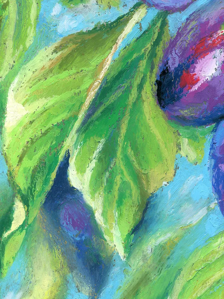 Plums Fruit on a branch Oil pastel drawing on kraft paper.