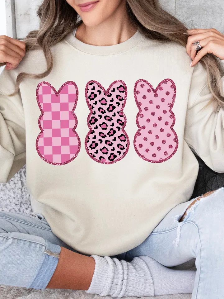 Bougie Bunnies PNG Easter Bunny PNG Easter Shirt Design Preppy PNG Leopard Print Pink Easter Png, Trendy Peeps design, Chekred Glitter