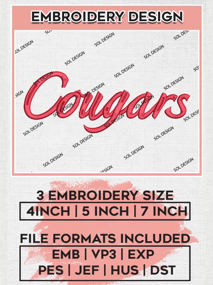 Cougars NCAA Team Writing Logo Embroidery Design Files, NCAA Houston Cougars Machine Embroidery, NCAA Teams, 3 sizes, NCAA Machine embroidery designs, Digital Download
