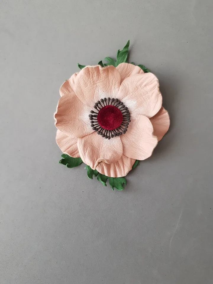 Beige leather brooch for her, Leather women's jewelry