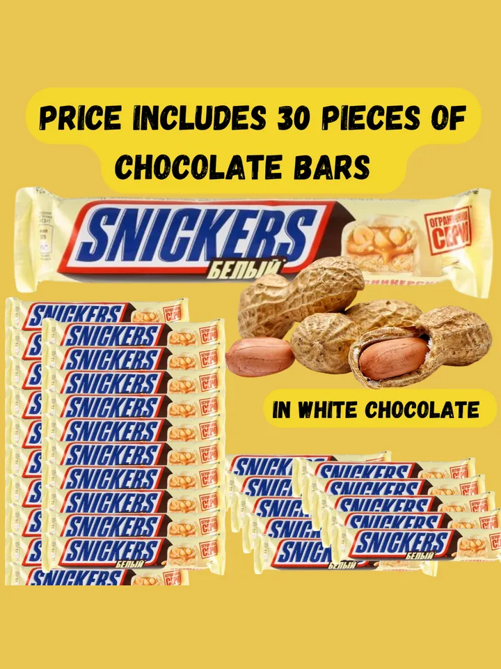SNICKERS chocolate is a nut covered with white chocolate the order includes 30 pcs