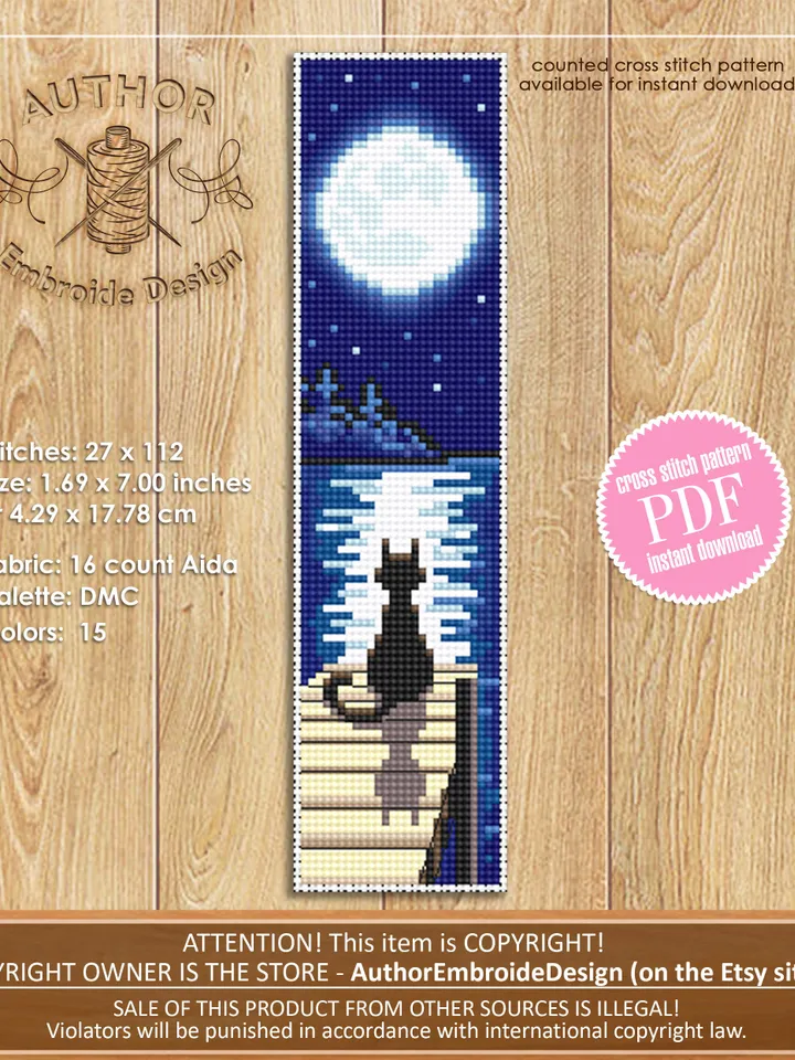 Cat Bookmark set cross stitch pattern download PDF Handmade bookmark cross stitch, Black cat embroidery, Sunset, Nature landscape Moon #B112