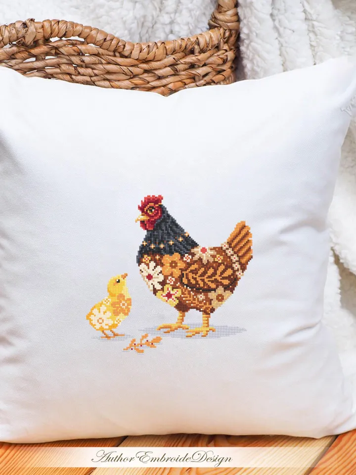 Floral chicken cross stitch pattern PDF download Chicken mom cross stitch chart, Flower pattern digital PDF, Farmhouse bird, Mother Hen #K64