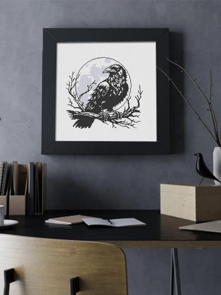 Raven cross stitch pattern PDF download Woodcut crow cross stitch chart, Gothic pattern digital PDF, Full moon, Halloween pattern #L88