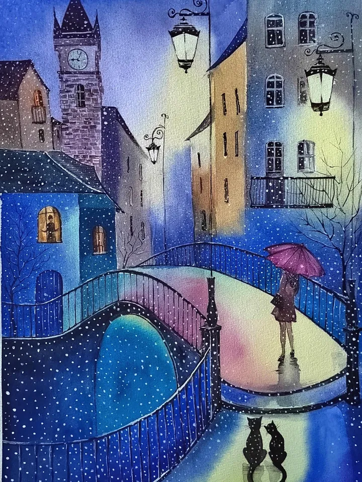 Winter Night Artwork Original Watercolor Painting Snowfall in Old Town 11.81x15.74 in by Art Café