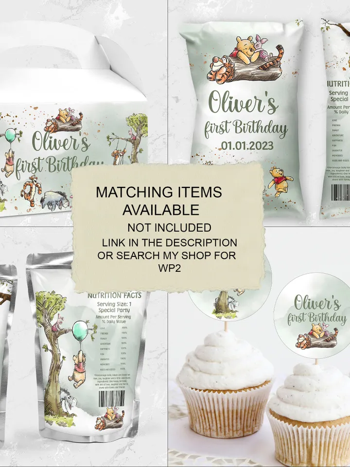 Editable TREAT BAG TOPPER Winnie the Pooh First Birthday Label; Hundred Acre Wood Party; Winnie Pooh Birthday Template Instant Download; wp2