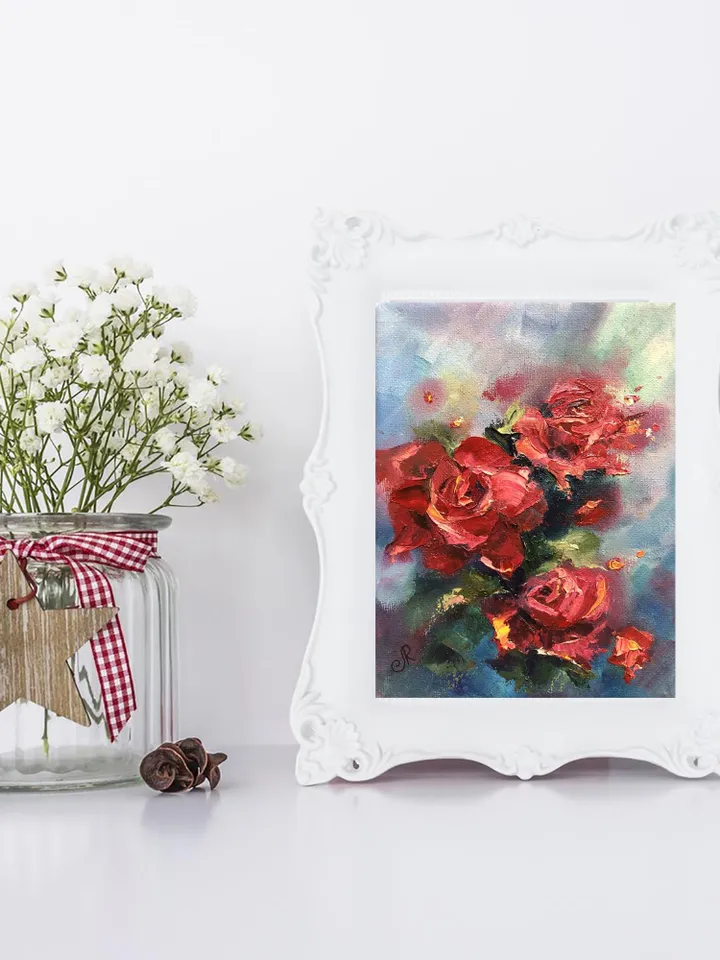 Roses Original Painting Red Floral Wall Art Roses Painting Flowers Still life