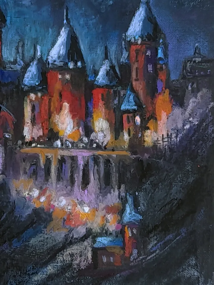 Oil pastel painting of Hogwarts castle 29,5x29 cm (11,6 х 11,4 inches).