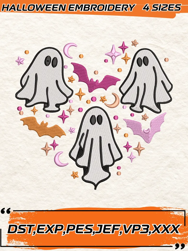 Halloween Ghost Spooky Heart Embroidery, Groovy Cute Heart Embroidery, Trick Or Teach Embroidery,4 Sizes, Digital Download