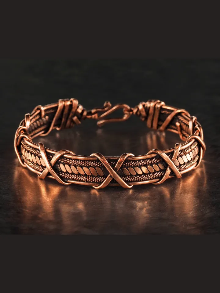 Wire wrapped bracelet, Unique 7th 22nd Anniversary gift idea, Art Nouveau antique style, One of kind braided statement bangle, Handmade oxidized pure copper jewelry, Pain relief, EMF protection