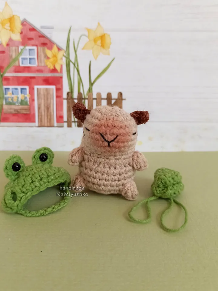 Capybara toy in costume, Capybara frog, Capybara strawberry, Crocheted small Capybara, Kawaii.