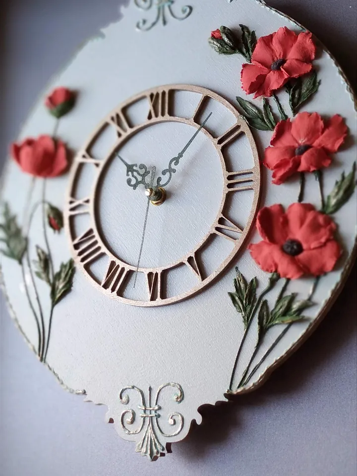 Wall clock with red poppies Wall clock for kitchen Rustic decor Handmade clock Silent clock Gift for Christmas, Birthday, Mother's Day, Wedding, Housewarming