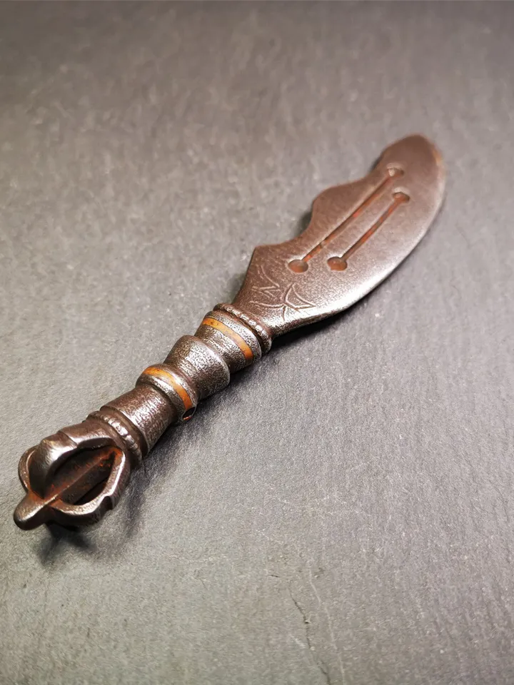 Gandhanra Tibetan Buddhism Ritual Implement,Big Machete Knife,Made of Cold Iron inlaid with Copper,6.3"