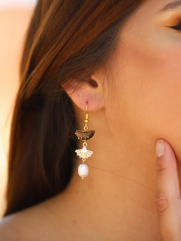 Art deco Wedding Earrings For Bride, Freshwater Pearl Boho Bridal Earrings, Vintage Style, Statement Earrings, Fan Earrings, Boho Jewelry
