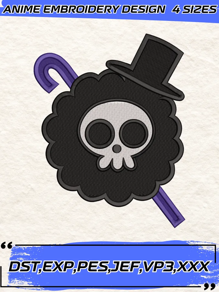 Brook Jolly Roger Embroidery Design,One Piece Anime Embroidery Design,4 Sizes,Instant Download