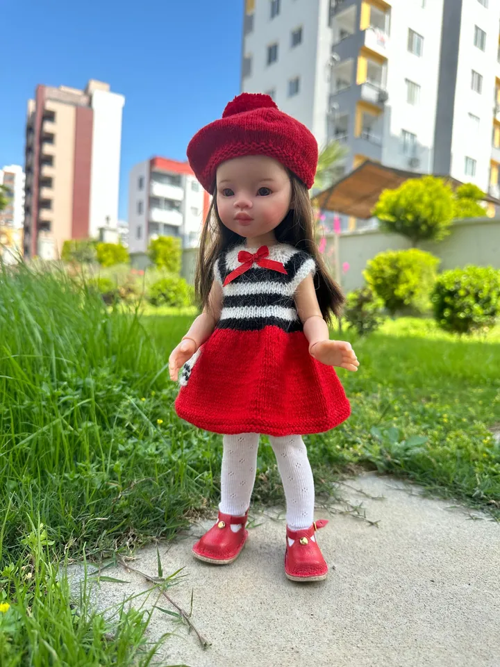 Paola Reina Doll 4 ITEMS Set: Exclusive Handmade Outfit - Beret, Dress, Tights, Shoes - Paris Collection