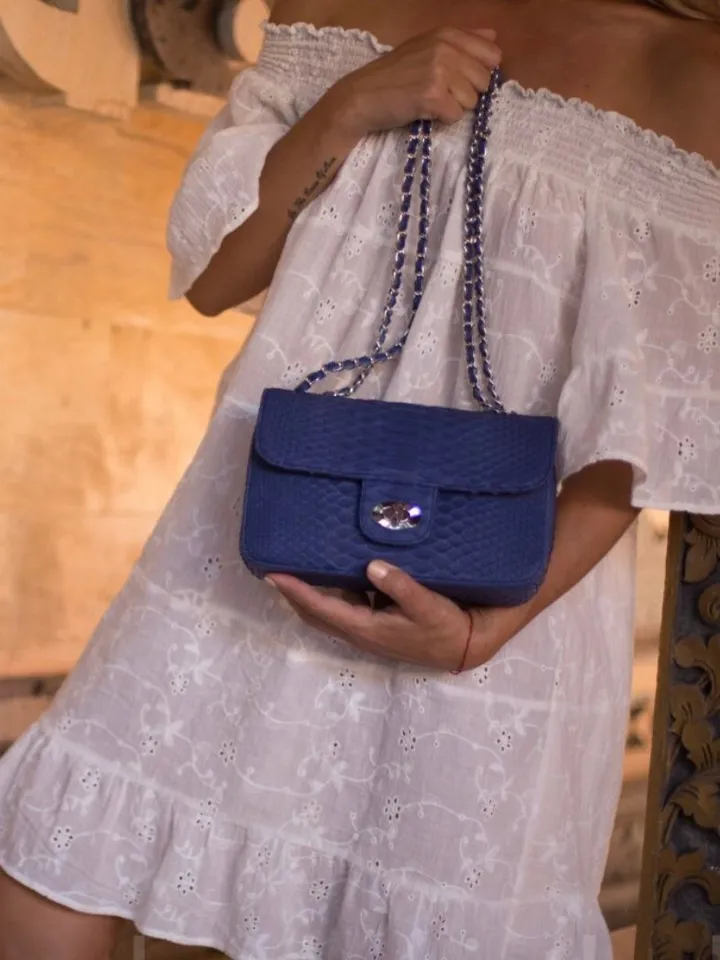 Blue Genuine Python Skin Crossbody Chain Bag | Bright Summer Bag | Elegant Women Bag | Chain Strap Crossbody Deep blue classy Purse