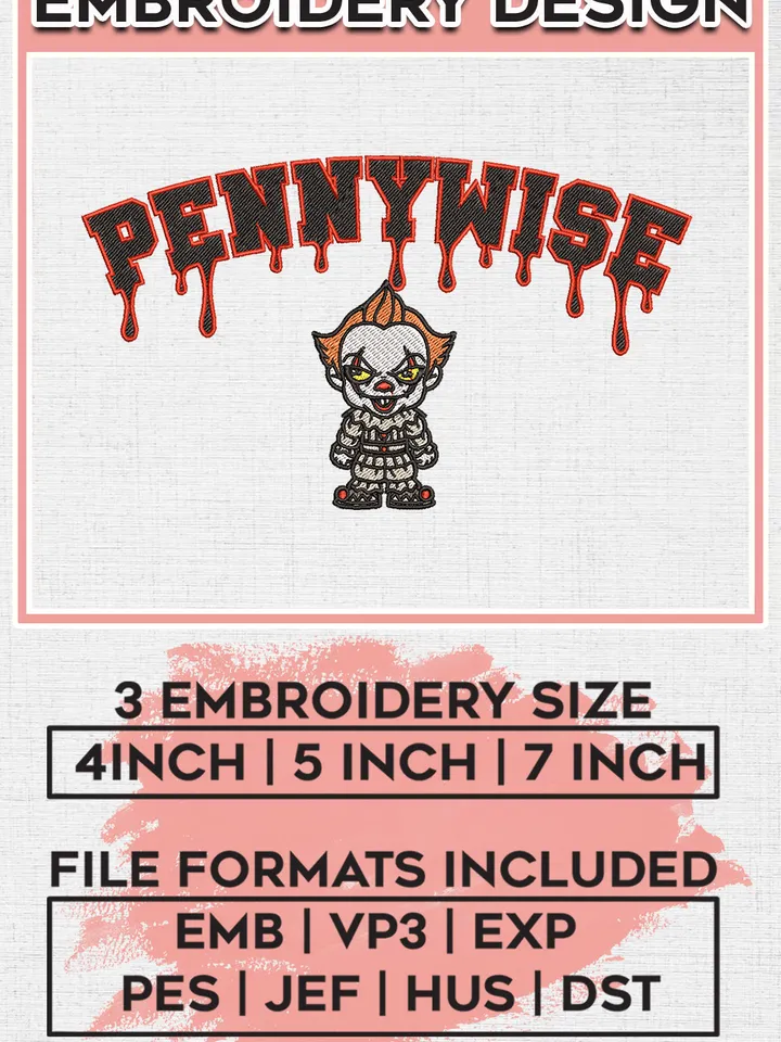 Chibi Pennywise Horror Character Drop Name Embroidery designs, IT Horror Movie Machine embroidery designs, Halloween embroidery files, Machine Embroidery Digitized Pes Files, Digital Download