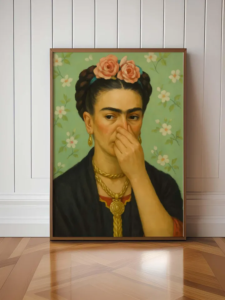 Frida Kahlo Altered Art Print, Funny Surrealist Portrait, Floral Wall Art, Modern Colorful Painting, Printable Home Decor Poster, Bathroom
