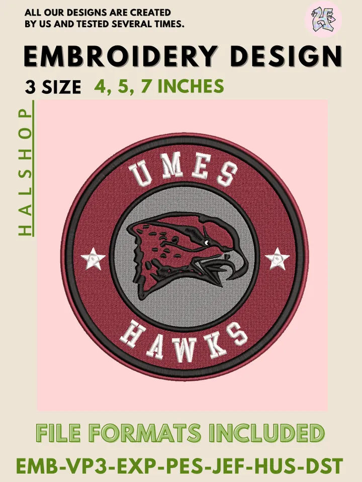 NCAA Maryland-Eastern Shore Hawks Logo Embroidery Design Files, College Team Machine Embroidery, 3 Sizes, Digital Download