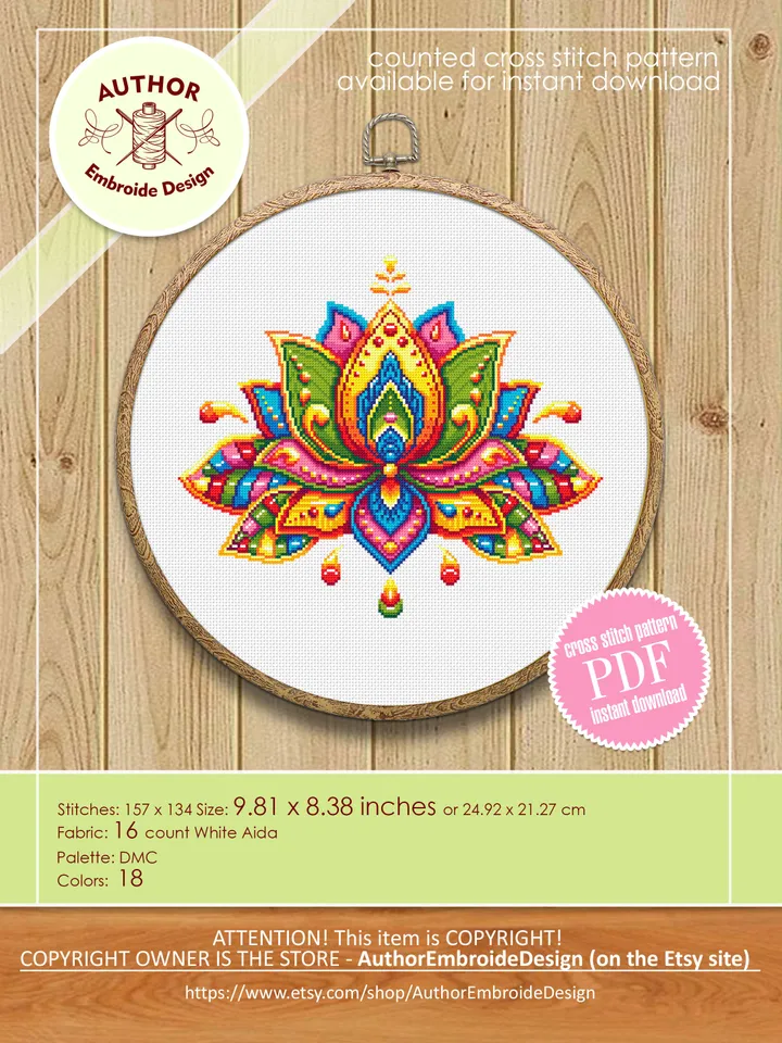 Lotus flower mandala cross stitch pattern PDF download Floral mandala embroidery PDF, Rainbow lotus cross stitch chart, Lotus mandala #M197