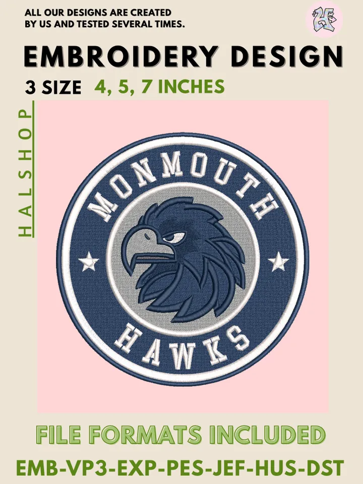 NCAA Monmouth Hawks Logo Embroidery Design, College Team Machine Embroidery Files, Digital Download