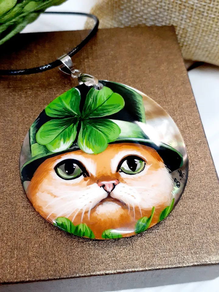 Pearl pendant necklace: Red Cat in the Hat. St Patrick's Day jewelry handmade for luck. Cute funny pendant with cat. Elegant dainty pendant