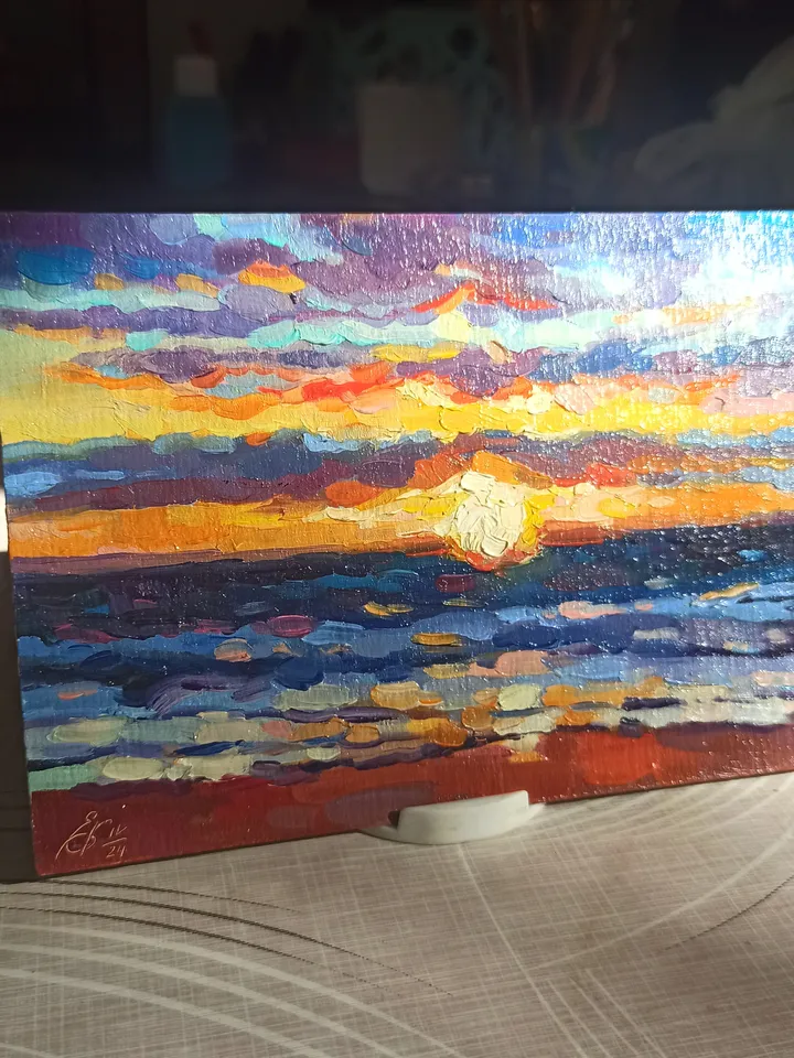 Seascape, Sunset at the sea, Small original oil painting 5x7 inches
