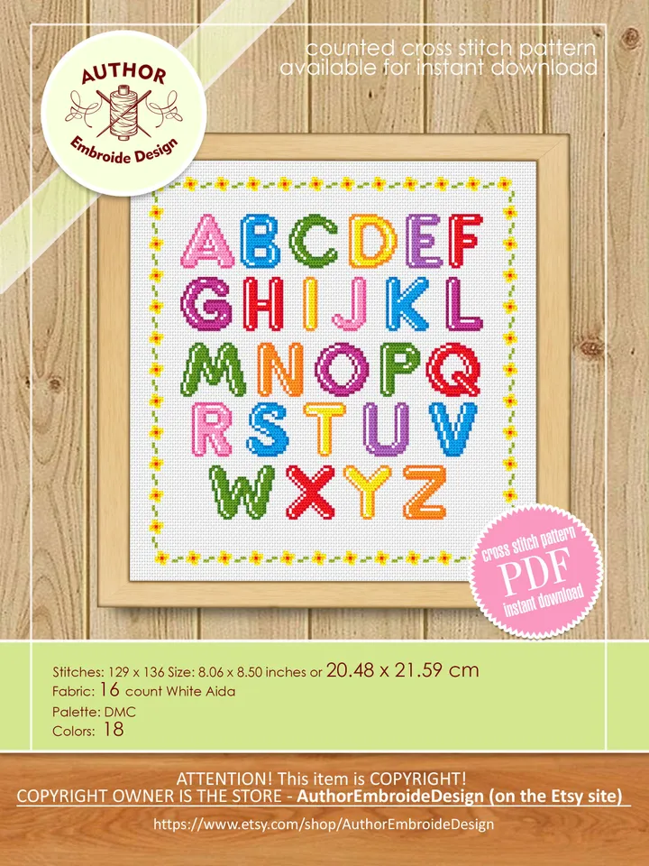 Alphabet letters cross stitch pattern download PDF Colorful font cross stitch chart Alphabet pattern digital PDF DIY kids room decor #A1