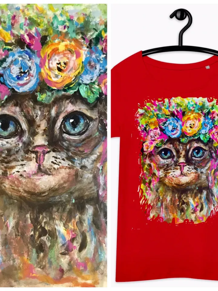Flower cat Women’s basic organic t-shirt made with my original watercolour mix media artwork,one of a kind.