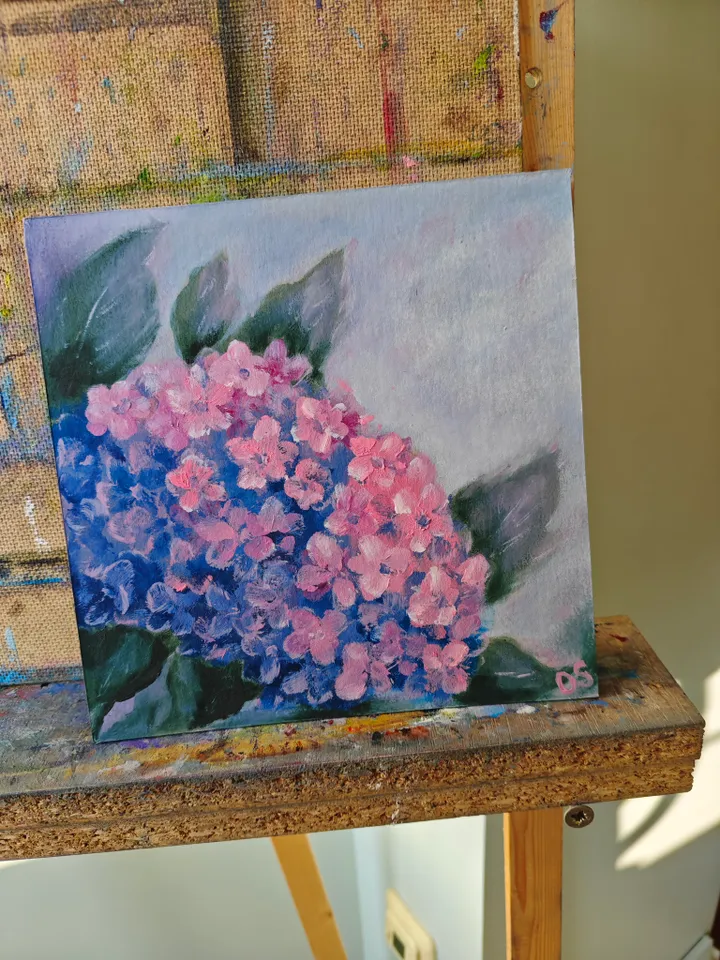 Hydrangea Original Painting Floral Original Art Flowers Modern Artwork Bright Hydrangea Wall Art Oil Painting 8 x 8 inches by Olga SokolovaArt
