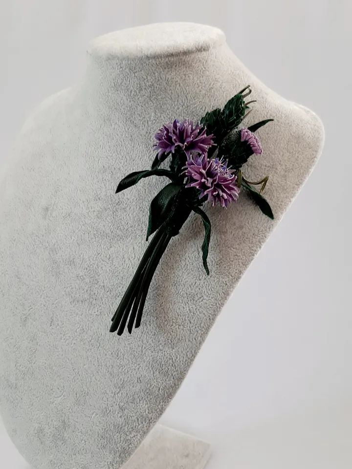 Lilac cornflower leather brooch for her, Leather jewelry, 3rd anniversary gift for wife
