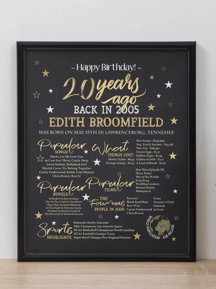 20th birthday poster back in 2005 personalized 20th birthday gift born in 2005 printable birthday sign 2005 year in review decor