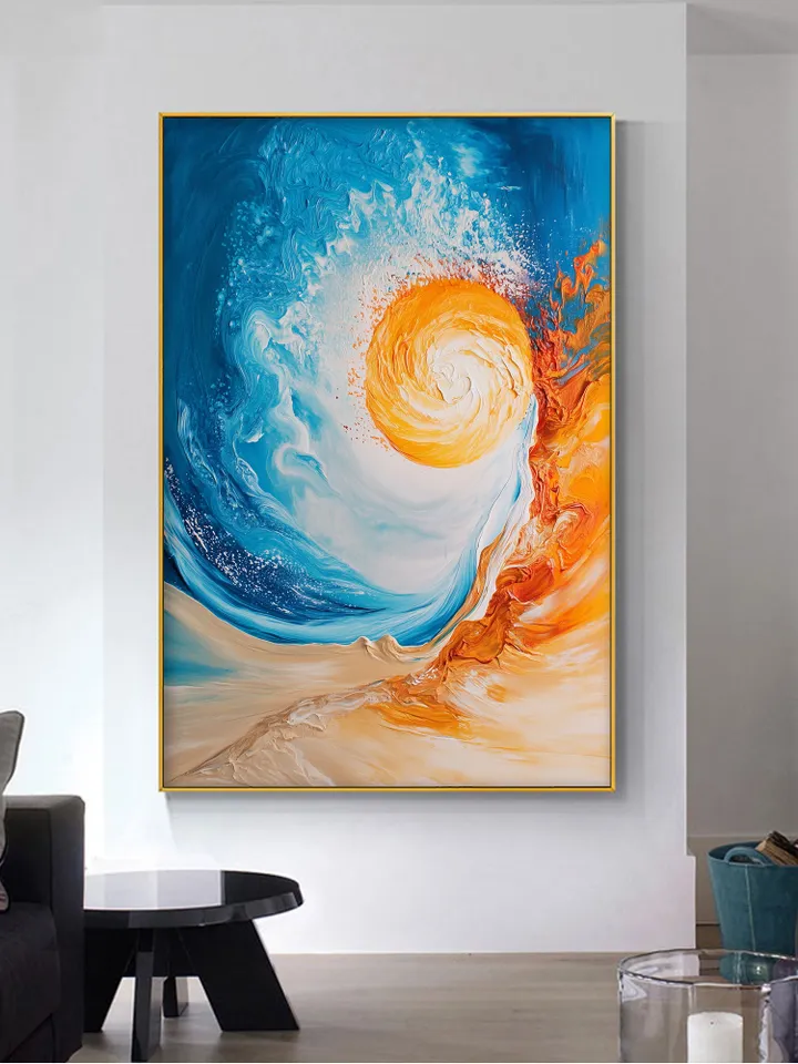 Hand-Painted Abstract Oil Painting | Vibrant Sun and Ocean Art | Stunning Blue and Orange Wall Decor for Modern Living Room