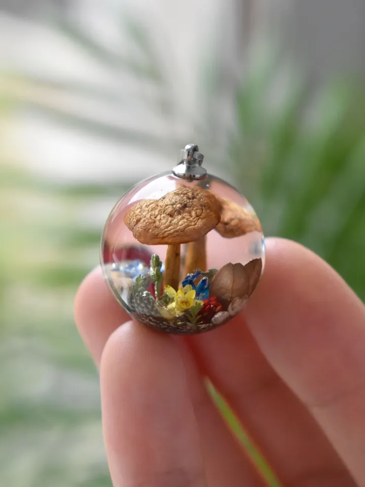 Mushroom necklace. Real Mushrooms pendant. Necklace with a forest composition. Moss, forget-me-not and snail in resin.