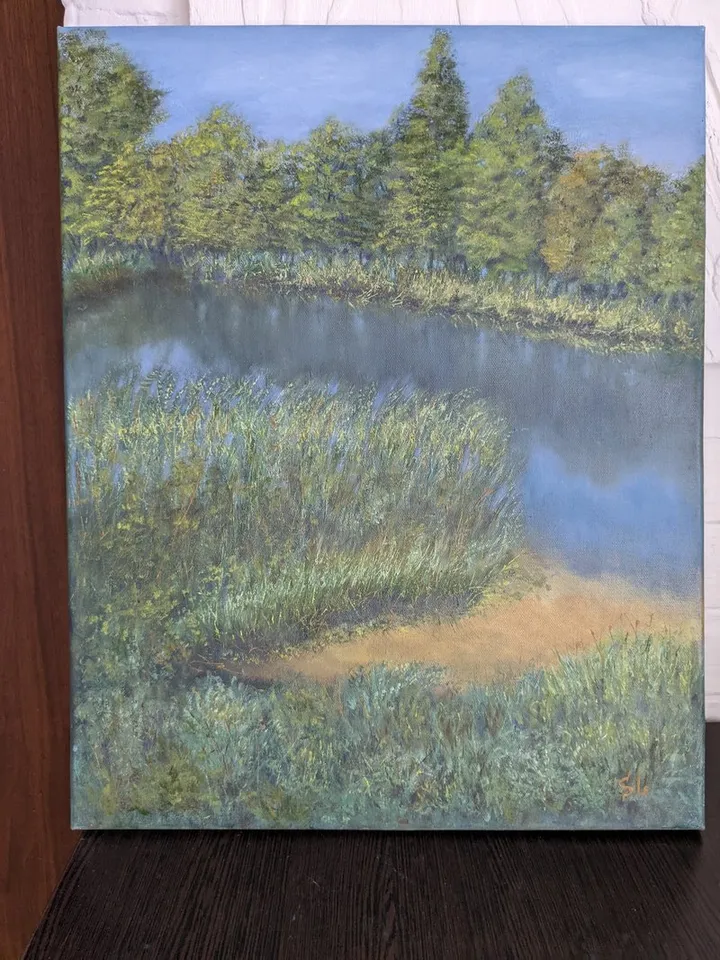 Summer landscape with a river and a sandy shore, tall grass and trees, original painting 16x12 inches
