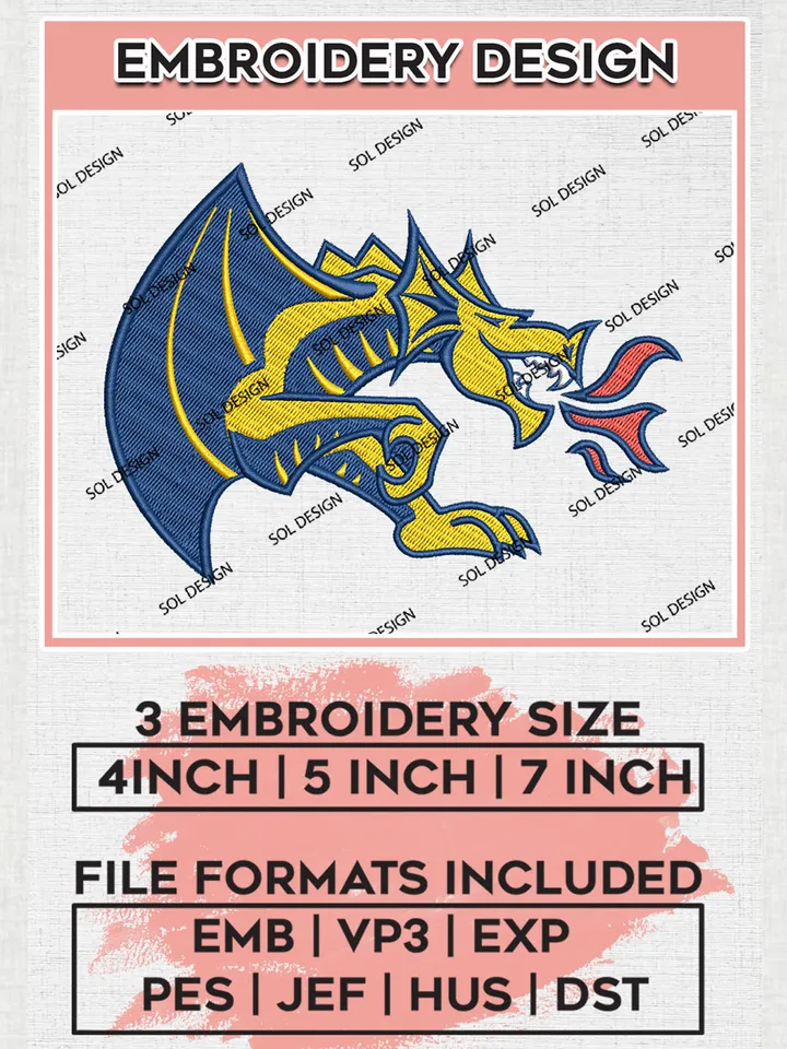 Drexel Dragons Mascot Logo Machine Embroidery Design, NCAA Drexel Dragons Embroidery Design Design files, NCAA Embroidery Designs, NCAA Machine Embroidery Designs, Digital Download