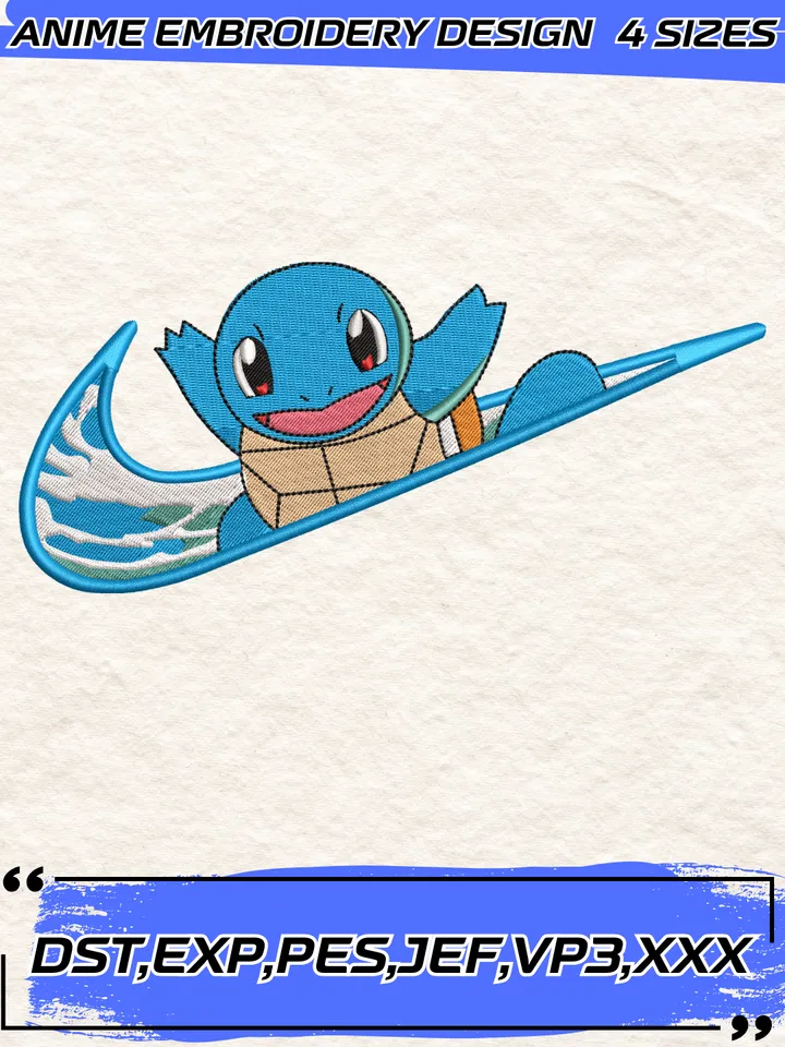 Swoosh Squirtle Embroidery Design,Pokemon Embroidery Design,Machine Embroidery Design File,4 Sizes, Instant Download