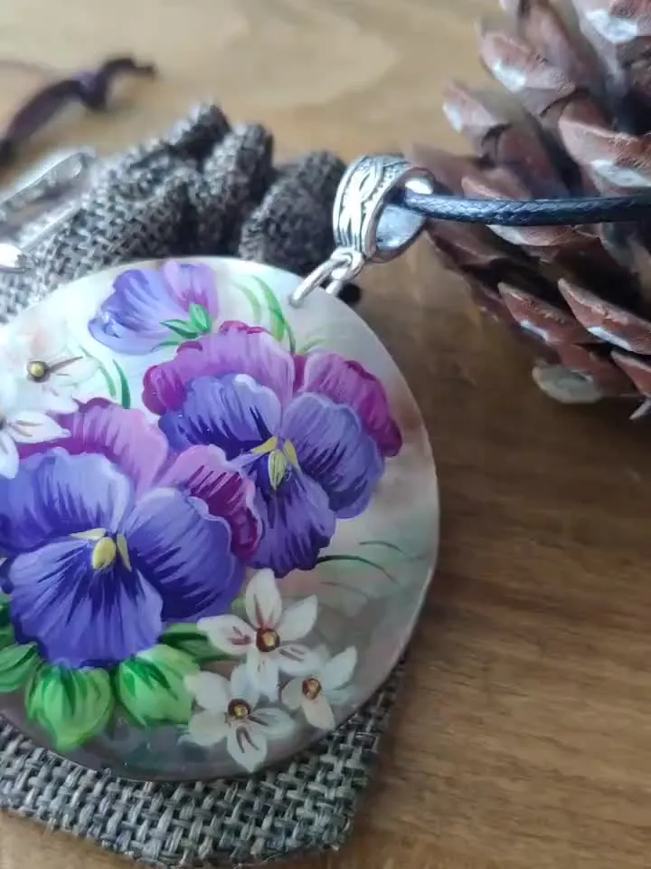 Handmade jewelry set: Purple Wild pansies flower on handmade jewelry set • Violet floral pendant necklace • wood viola flower earrings