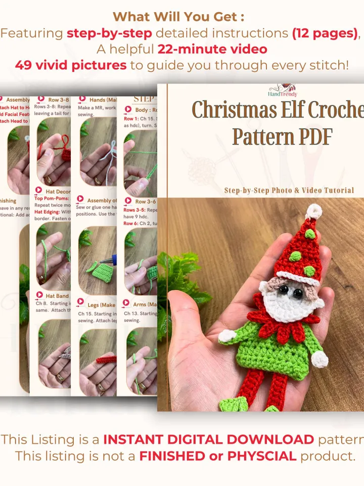 Christmas Elf Crochet Pattern PDF, Amigurumi Elf Ornament, DIY Christmas Tree Decoration, Crochet Holiday Gift, Beginner-Friendly Pattern