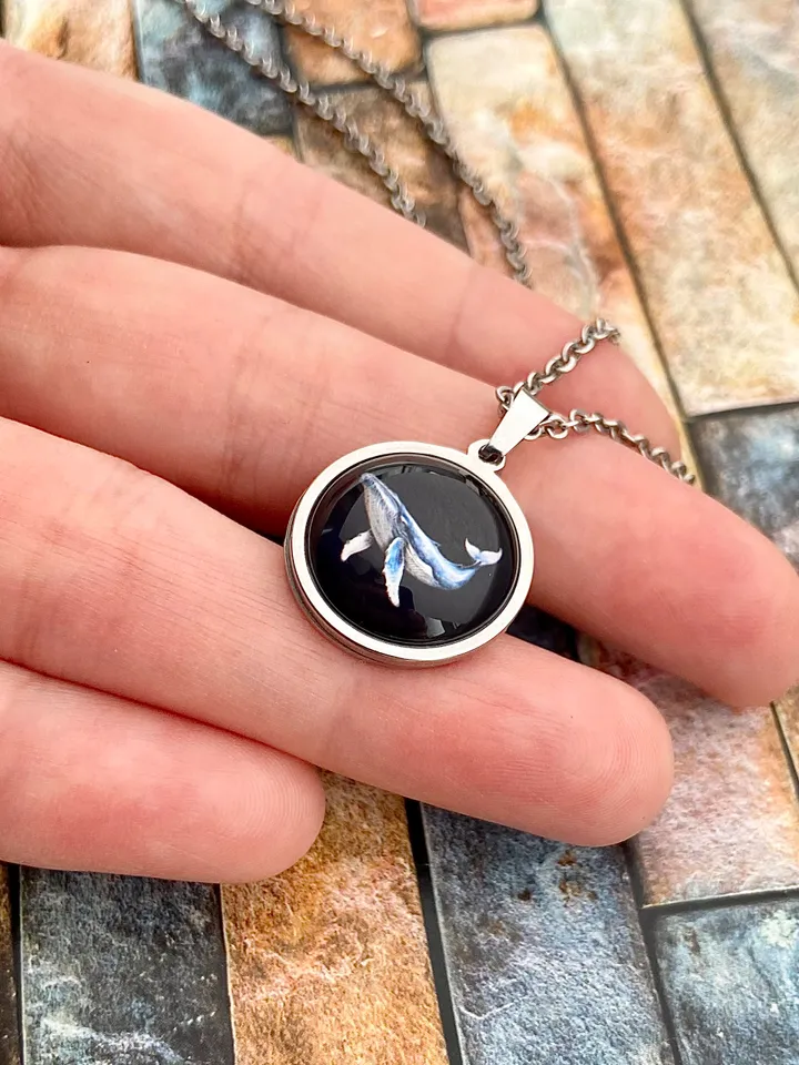 Whale necklace, steel pendant with glass, Sea animal lover gift