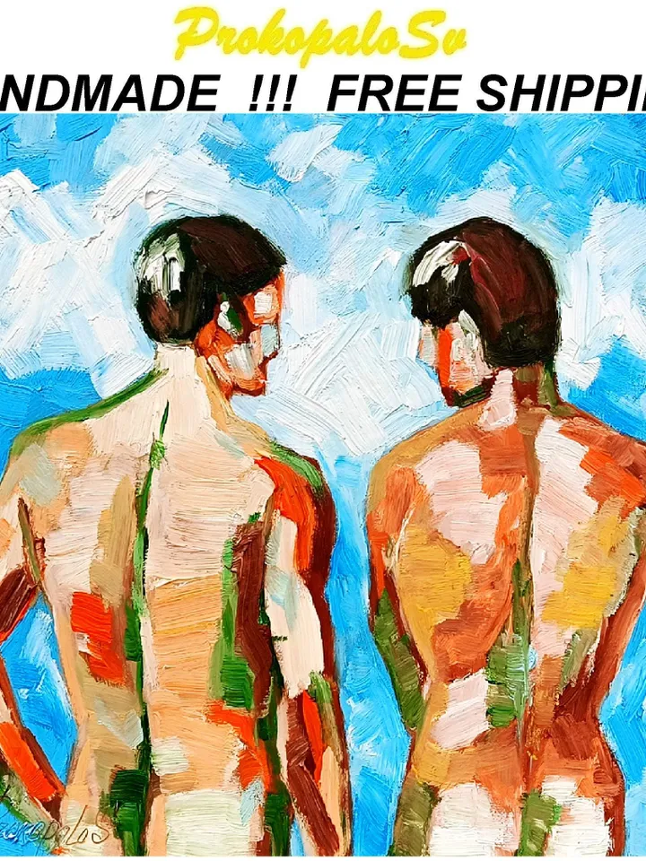Two Male Bodies Impasto Oil Painting Gay Original Art Men's Friendship Artwork Gifts by ArtProkopaloSv