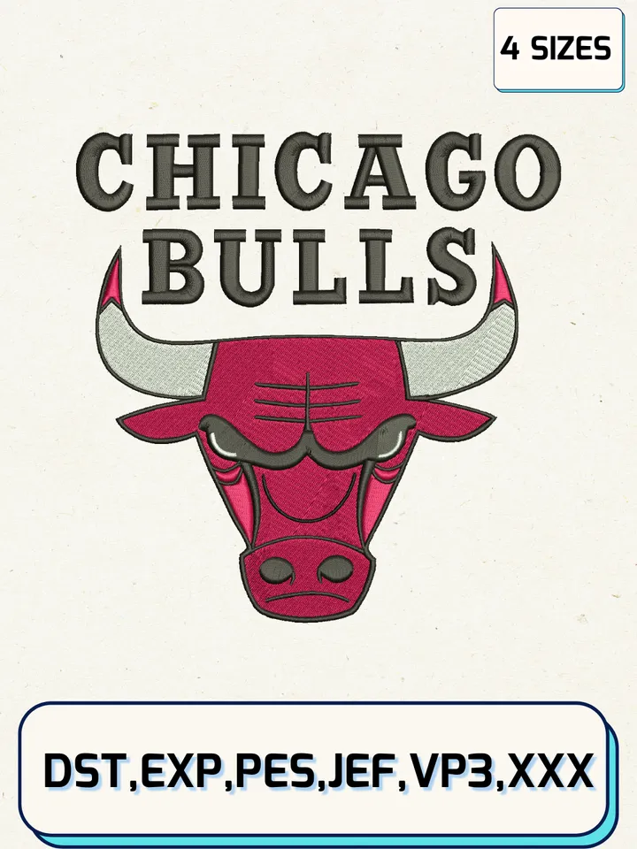 Chicago Bulls Embroidery Design Files,NBA Logos Embroidery Designs,Machine Embroidery Files,4 Sizes