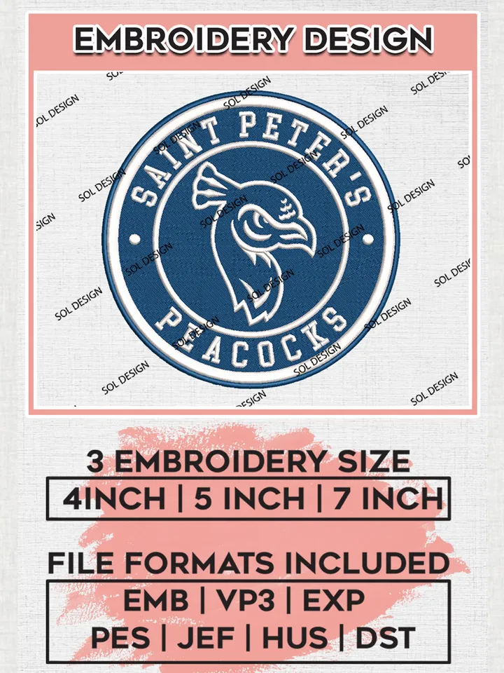 NCAA Saint Peters Peacocks Round Logo Embroidery, NCAA Saint Peters Peacocks Embroidery Design files, NCAA Teams, NCAA Machine embroidery designs, Digital Download