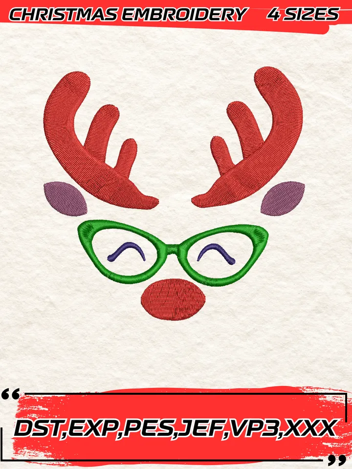 Christmas Reindeer Eyeglasses Faces Embroidery Design,Christmas Embroidery Design,4 Sizes, Digital Download