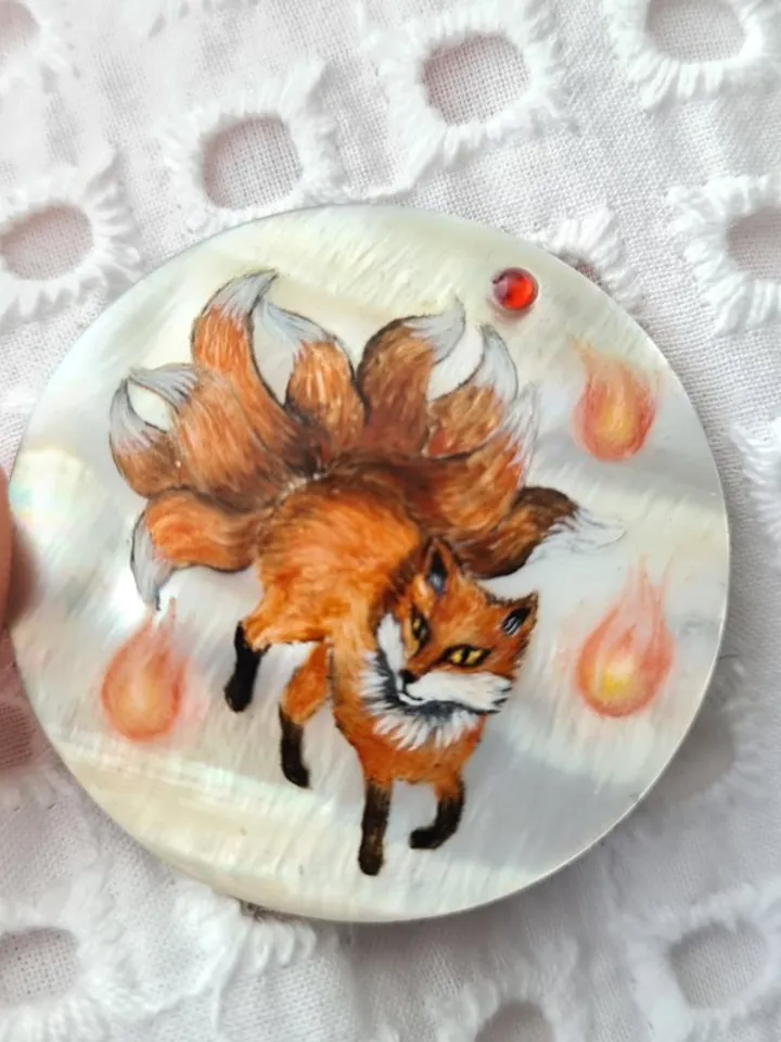 Kitsune brooch, real oil painting miniature on mother of pearl. Kitsune fox pin