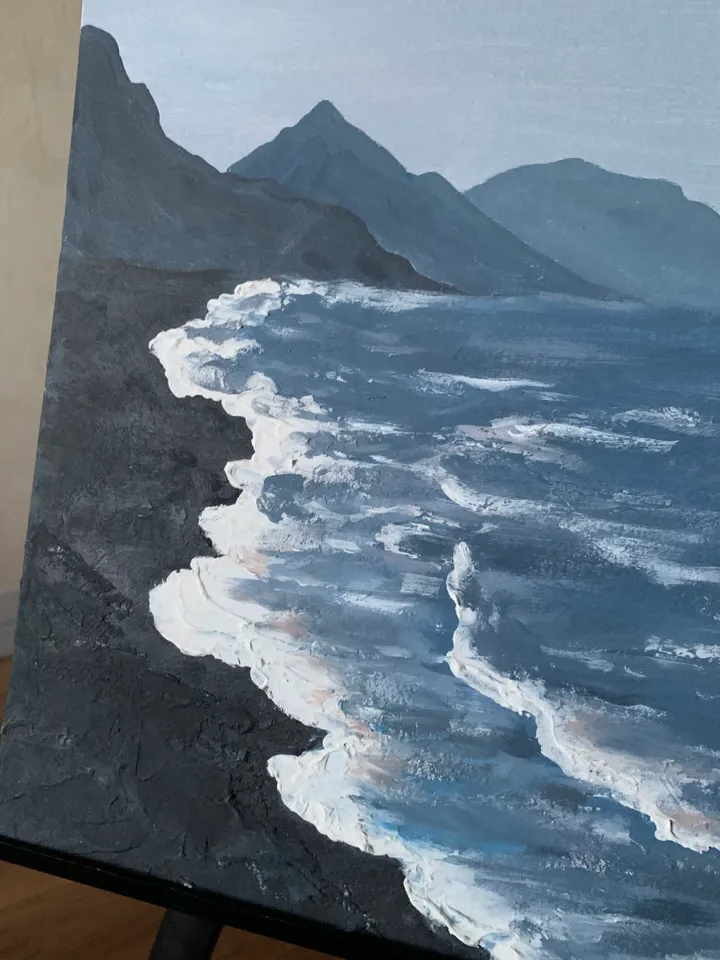 Monochrome landscape sea rocks texture acrylic painting minimalistic style