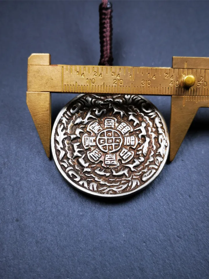 Gandhanra Acient Tibetan Buddhist Amulet,Kirtimukha Melong,Calendar Badge,SIPAHO(srid pa ho),Made of White Copper,1.7&quot;